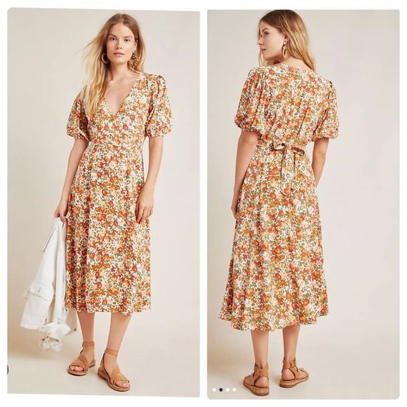 Faithfull the Brand Floral Midi Dress - Orange and White - Picture 1 of 8